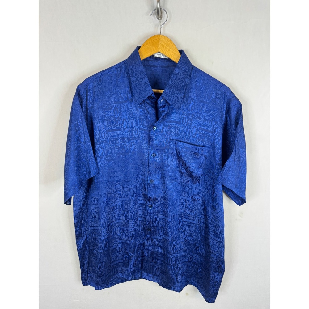 Thai Silk Royal Blue Jacquard Short Sleeve Button Down Shirt Mens XL